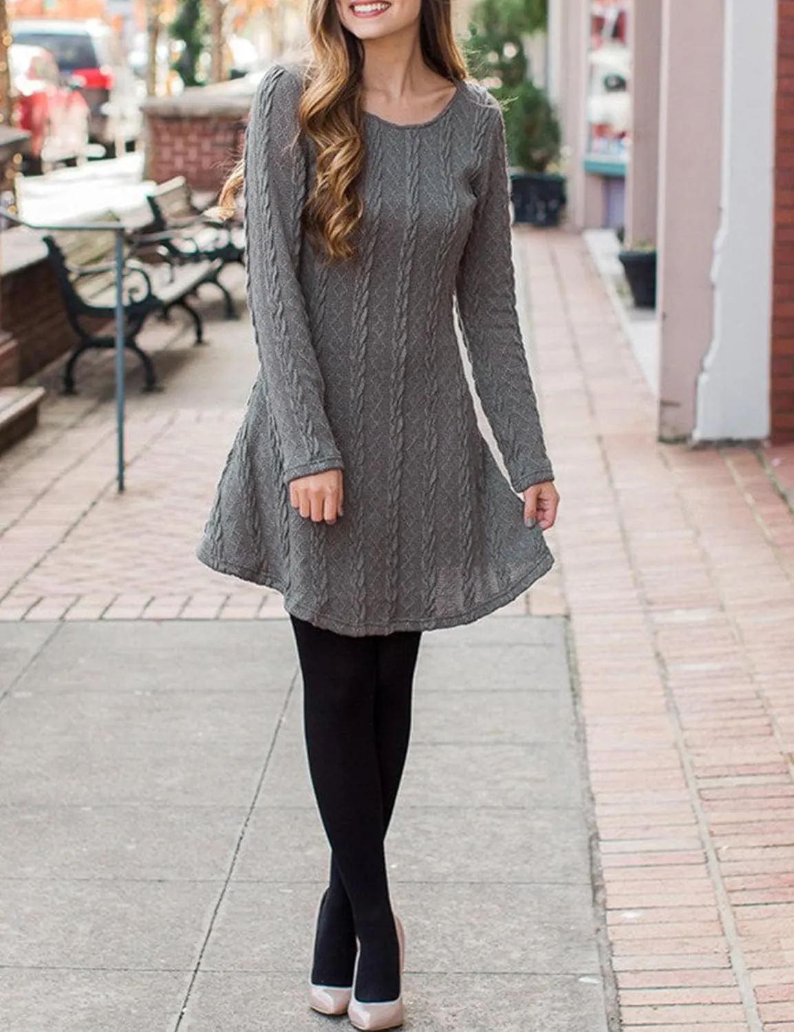 Mansy Sweater Dress for Women Cable Knit Ribbed A-Line Short Fitted Pullover Sweaters Dresses Fall Winter