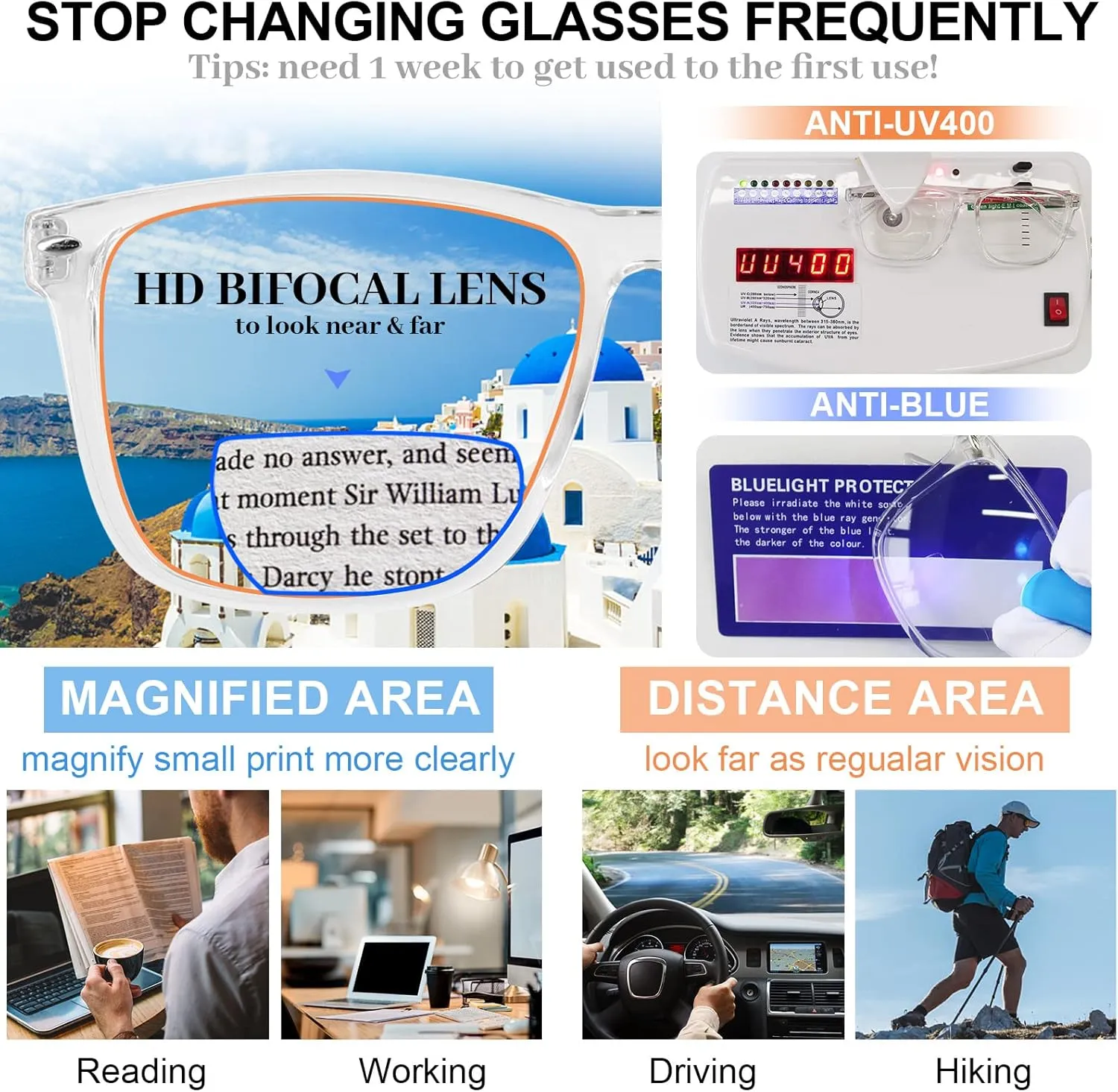 MARE AZZURO Oversized Bifocal Reading Glasses Men Blue Light Blocking Readers 1.0 1.25 1.5 1.75 2.0 2.25 2.5 2.75 3.0 3.5