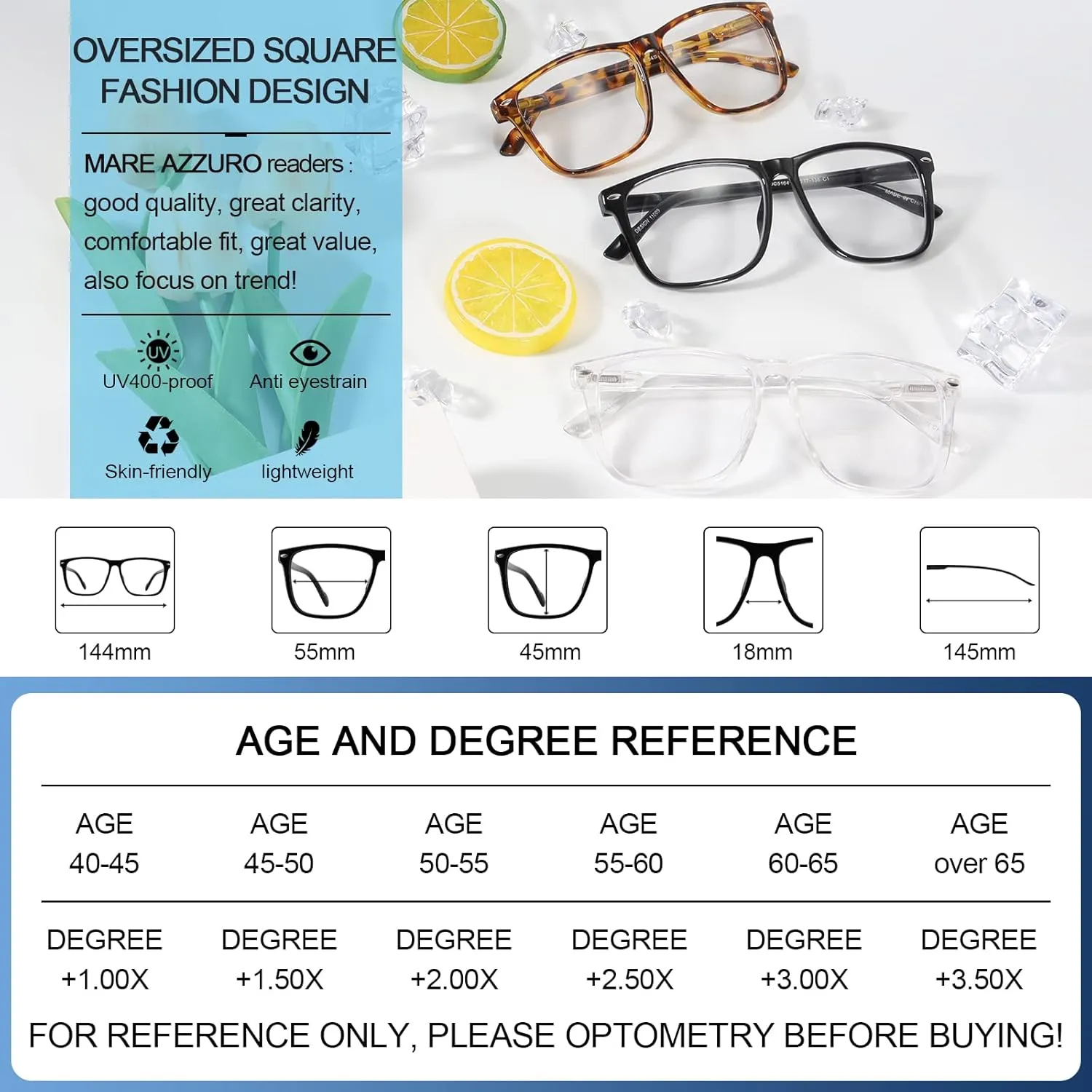 MARE AZZURO Oversized Bifocal Reading Glasses Men Blue Light Blocking Readers 1.0 1.25 1.5 1.75 2.0 2.25 2.5 2.75 3.0 3.5