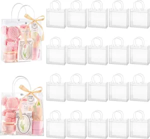 mauproy 20 Pack Clear Plastic Gift Bags with Handles, Party Favor Bags with Ribbons and Tags, Reusable Goodie Tote Bags for Wedding Baby Shower Mother's Day (9.8” x 9.8” x 3.5")