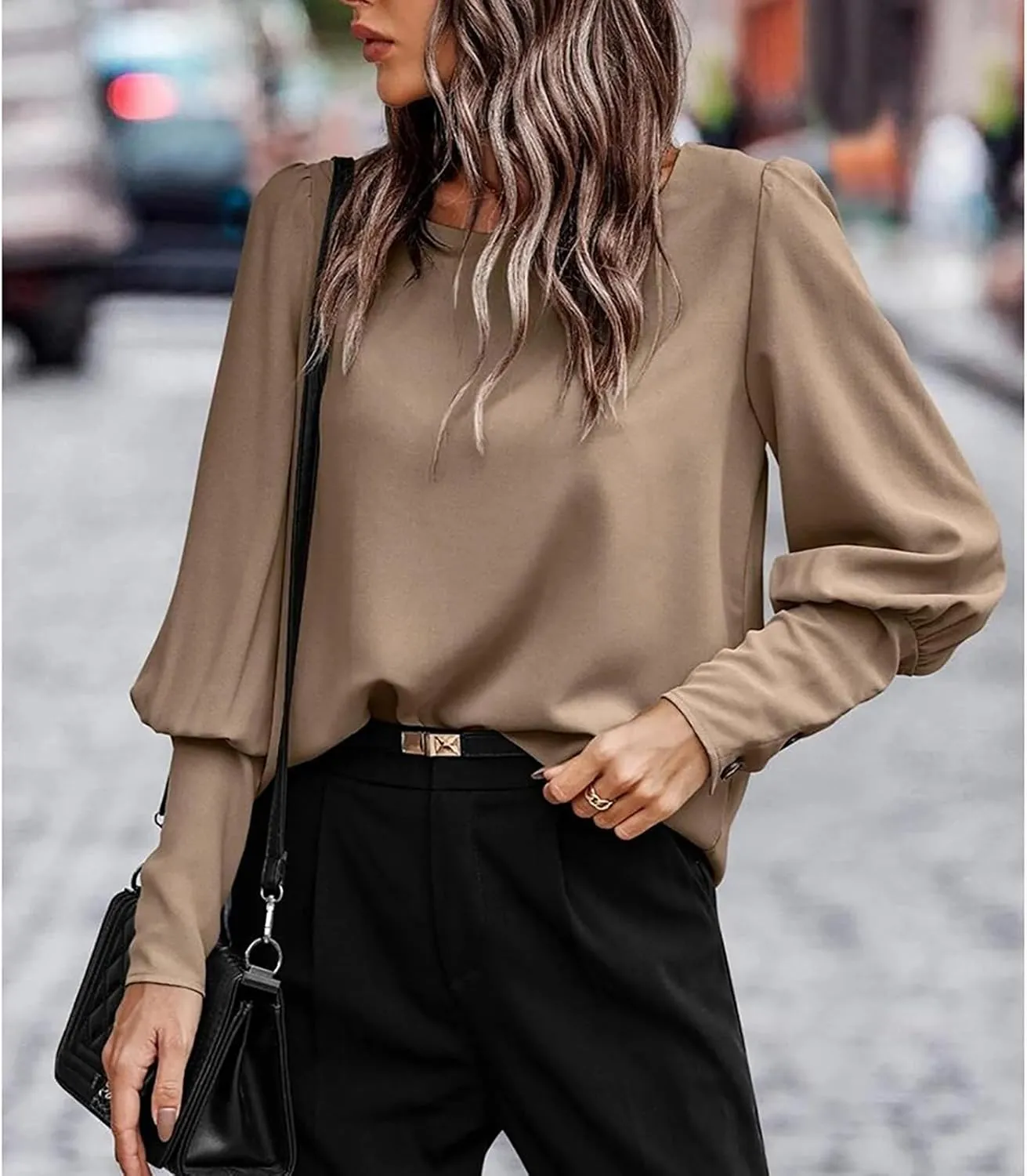 Mayntop Women Lantern Sleeve Top Round-Neck Solid Loose Shirt OL Work Elegant Blouse