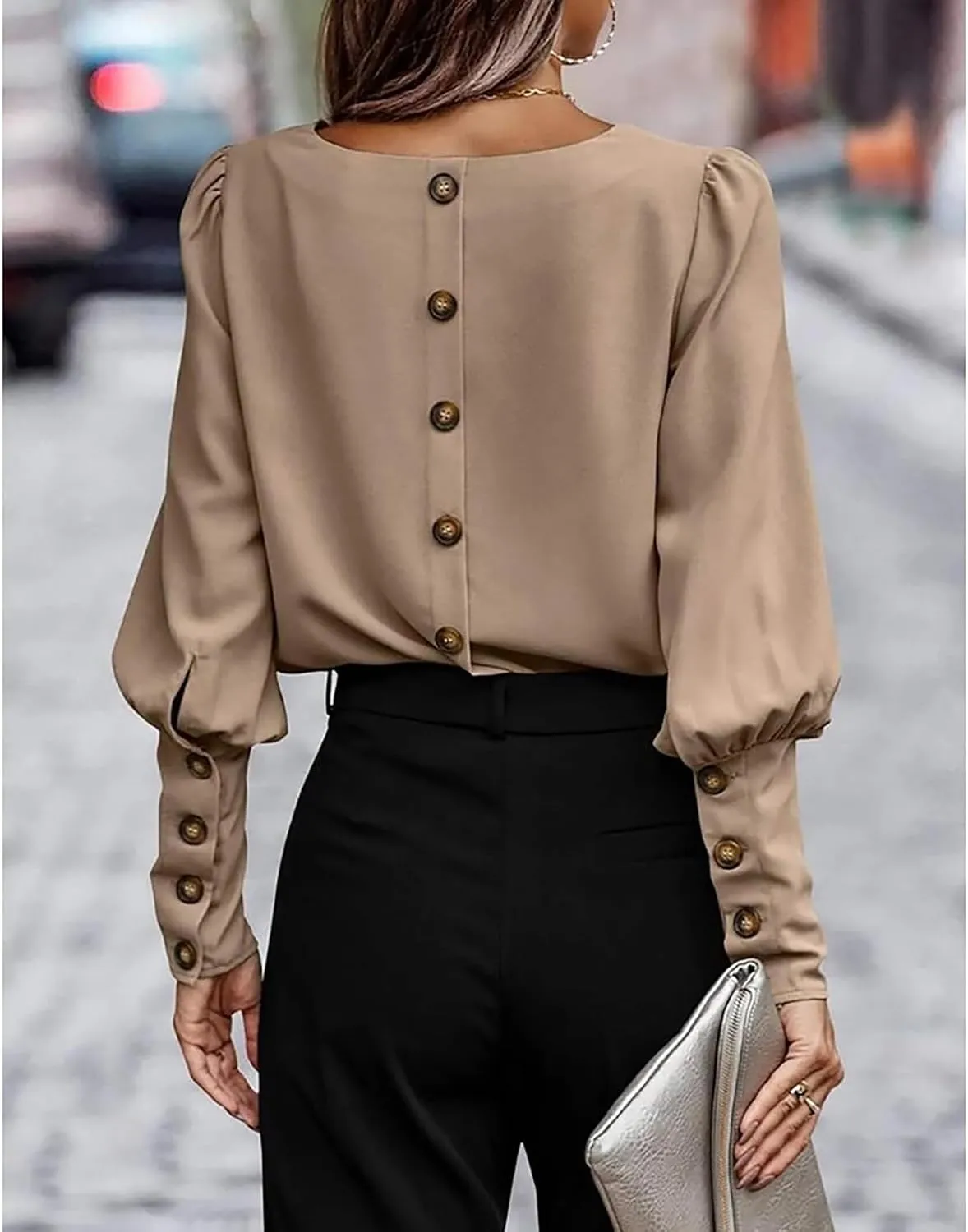 Mayntop Women Lantern Sleeve Top Round-Neck Solid Loose Shirt OL Work Elegant Blouse