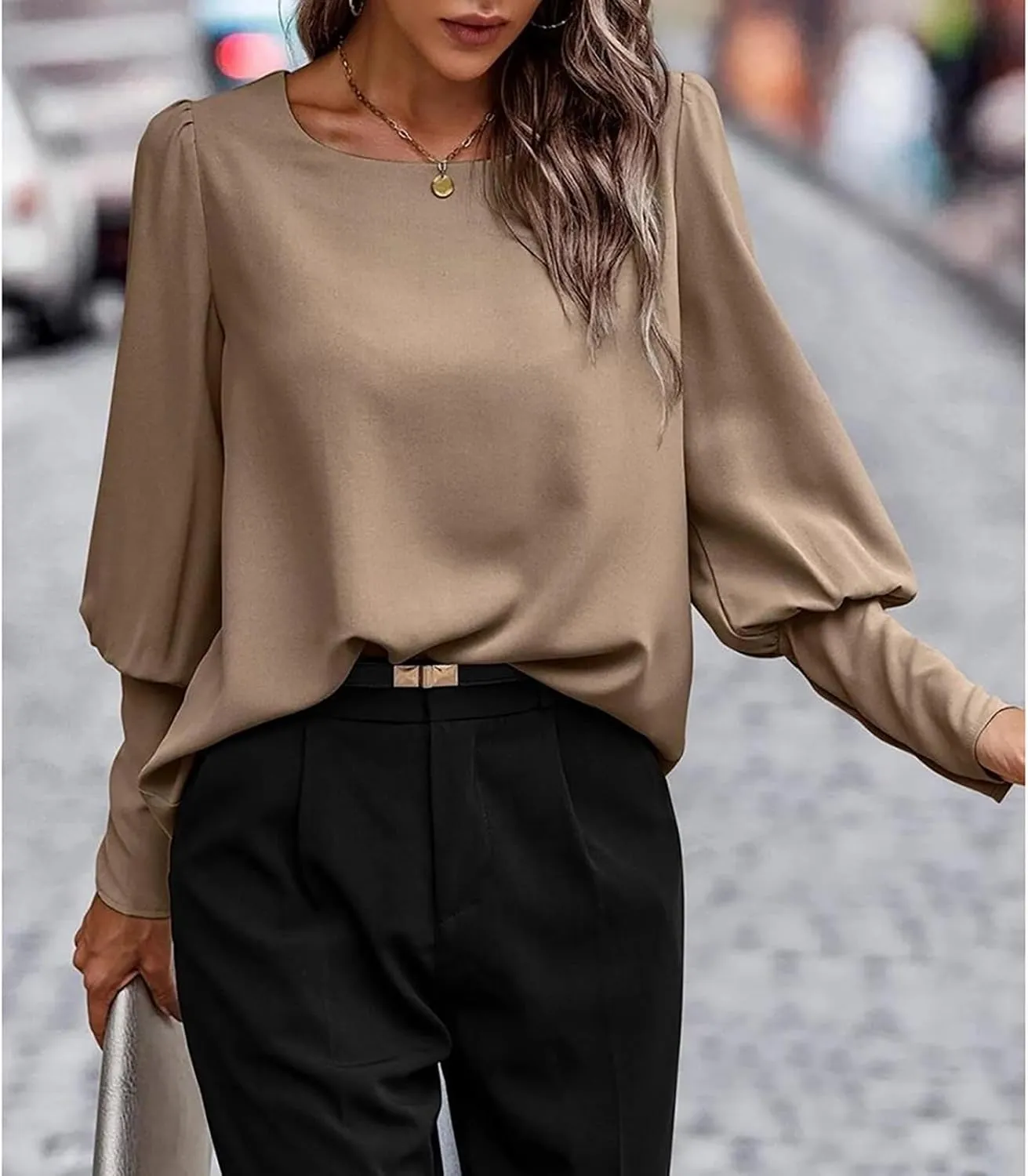 Mayntop Women Lantern Sleeve Top Round-Neck Solid Loose Shirt OL Work Elegant Blouse