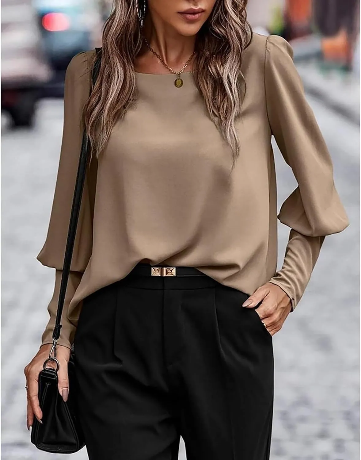 Mayntop Women Lantern Sleeve Top Round-Neck Solid Loose Shirt OL Work Elegant Blouse