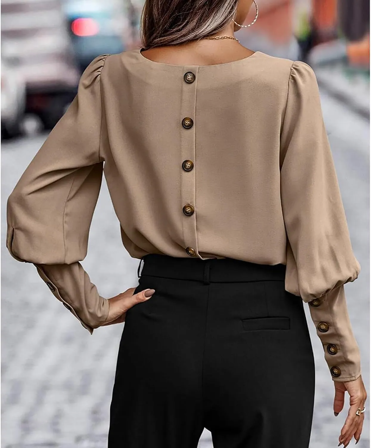 Mayntop Women Lantern Sleeve Top Round-Neck Solid Loose Shirt OL Work Elegant Blouse