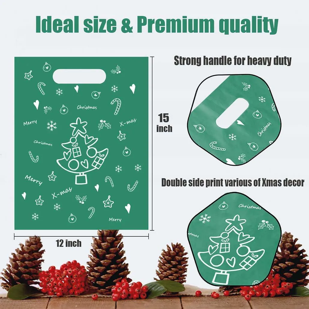 MeFacys Christmas Shopping Bags 50 Pcs 15x12 inch Xmas Gift bags for Boutique, Plastic Green Retail Bags with Merry Christmas Pattern for Wrapping Holiday Presents Party Favor Bags