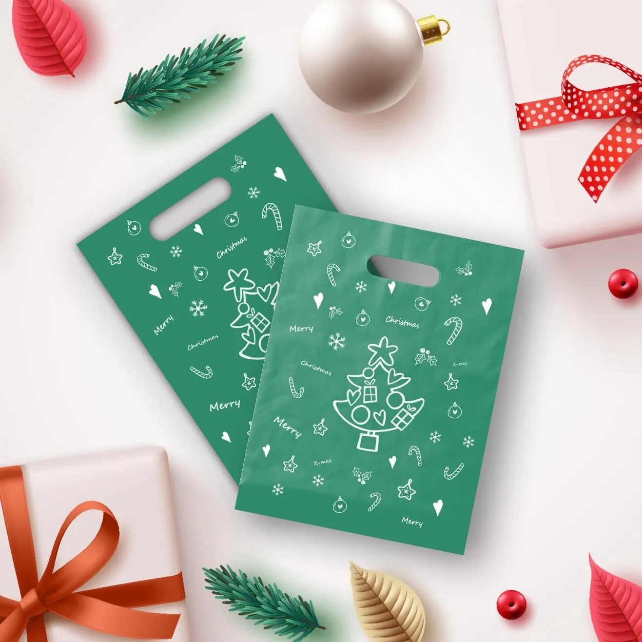 MeFacys Christmas Shopping Bags 50 Pcs 15x12 inch Xmas Gift bags for Boutique, Plastic Green Retail Bags with Merry Christmas Pattern for Wrapping Holiday Presents Party Favor Bags