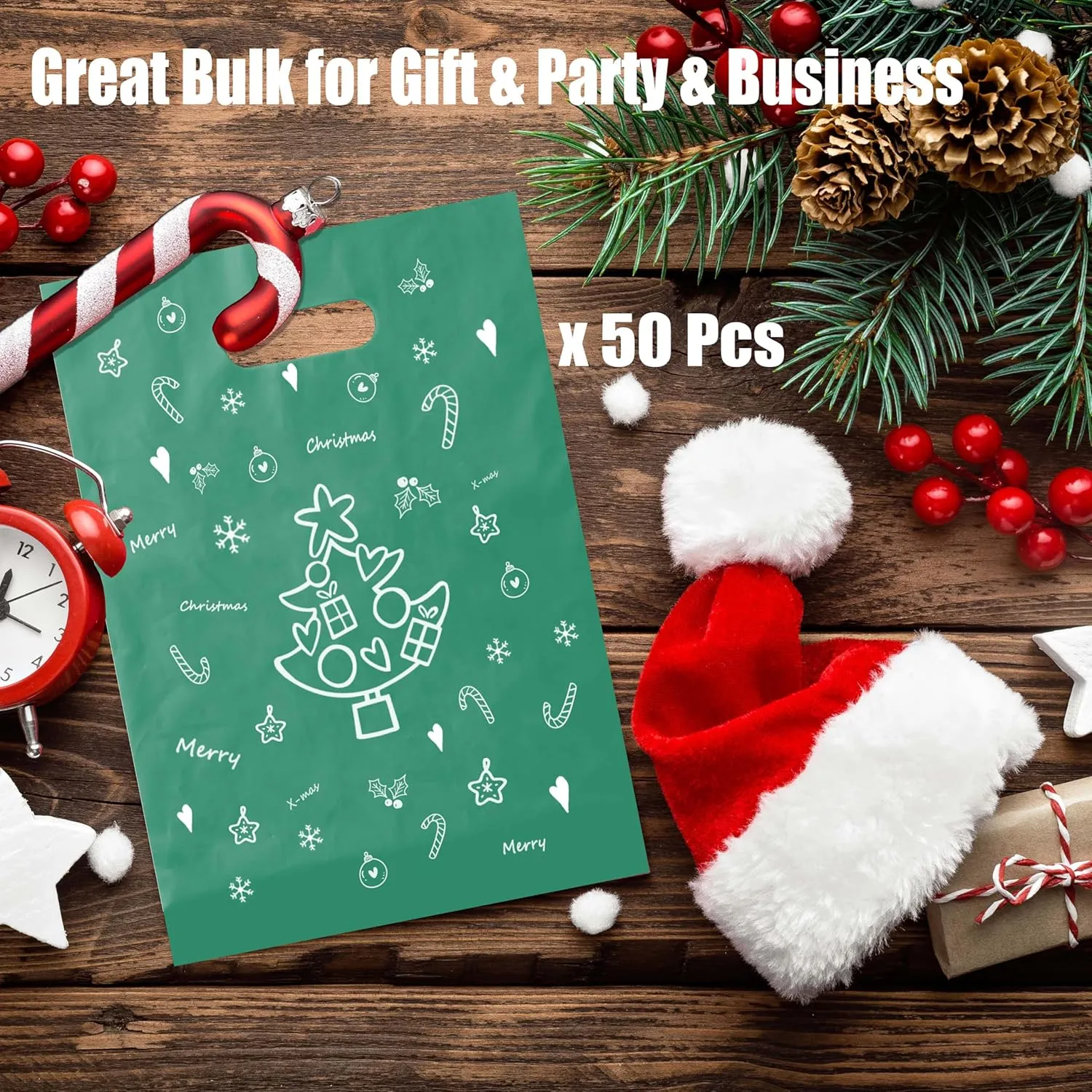 MeFacys Christmas Shopping Bags 50 Pcs 15x12 inch Xmas Gift bags for Boutique, Plastic Green Retail Bags with Merry Christmas Pattern for Wrapping Holiday Presents Party Favor Bags