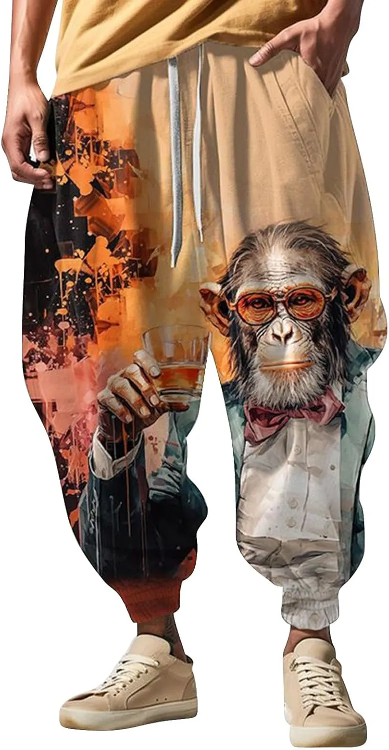 Men's Drawstring Hippie Harem Pants Men's Autumn Fun Print Fashion Street Feel Casual Cotton Drawstring Cargo Pants