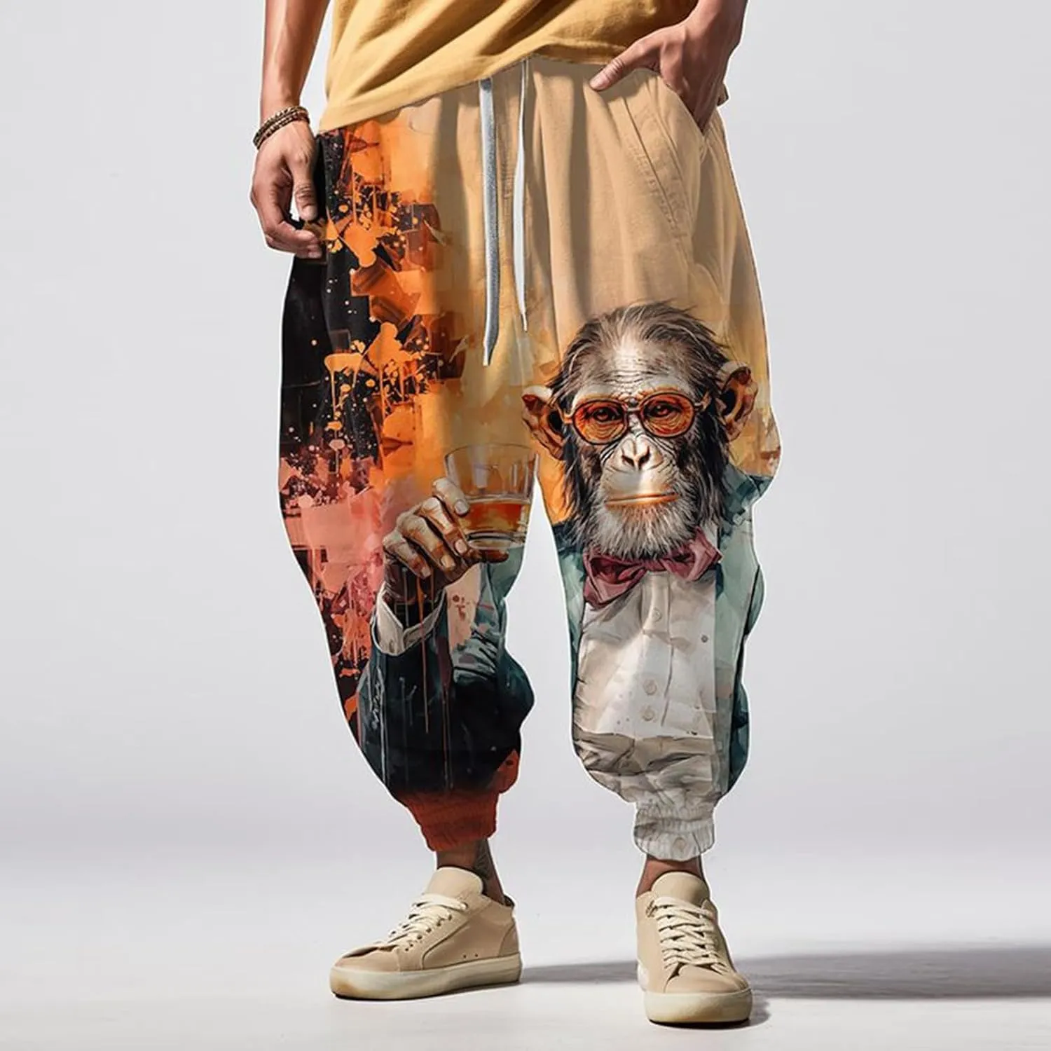 Men's Drawstring Hippie Harem Pants Men's Autumn Fun Print Fashion Street Feel Casual Cotton Drawstring Cargo Pants