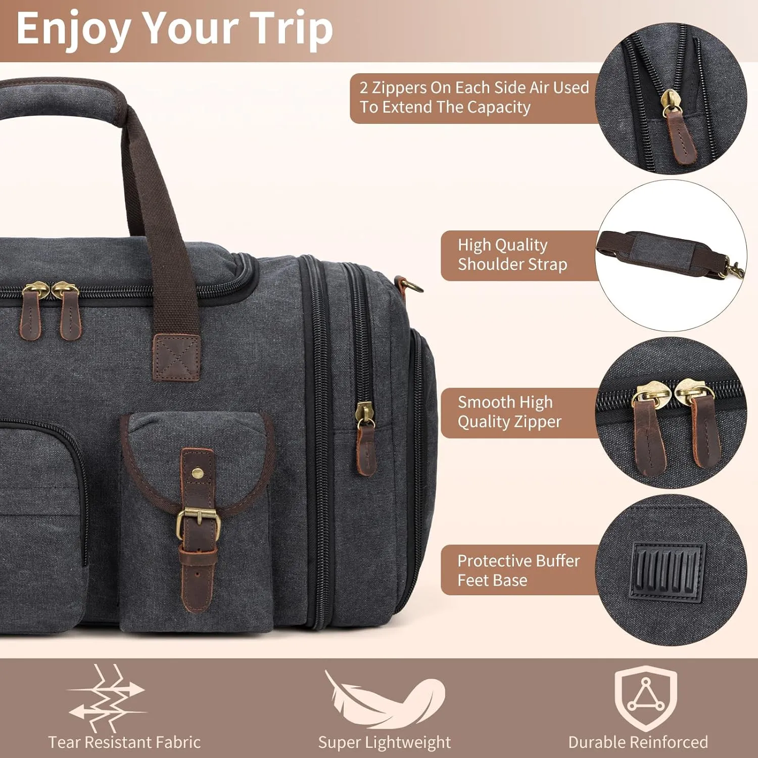 Mens Duffle Bag for Travel 3Pcs Set Travel Bags for Men 60L Expandable Canvas Bag (Dark Gray)