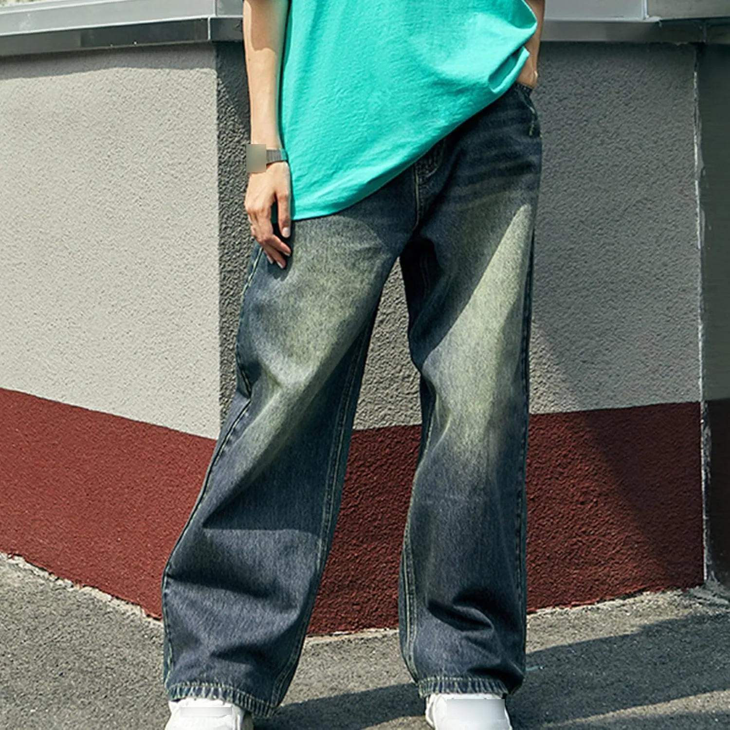 Mens Loose Fit Hip Hop Jeans Straight Retro Relaxed Fit Denim Pants Classic Vintage Plain Washed Baggy Jean