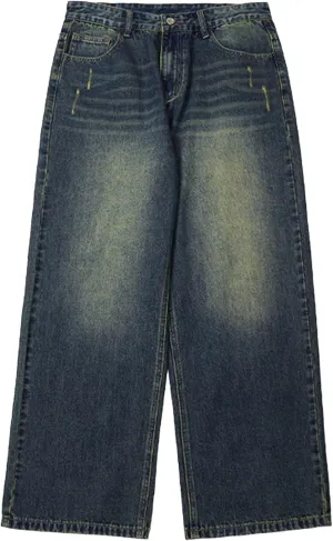 Mens Loose Fit Hip Hop Jeans Straight Retro Relaxed Fit Denim Pants Classic Vintage Plain Washed Baggy Jean