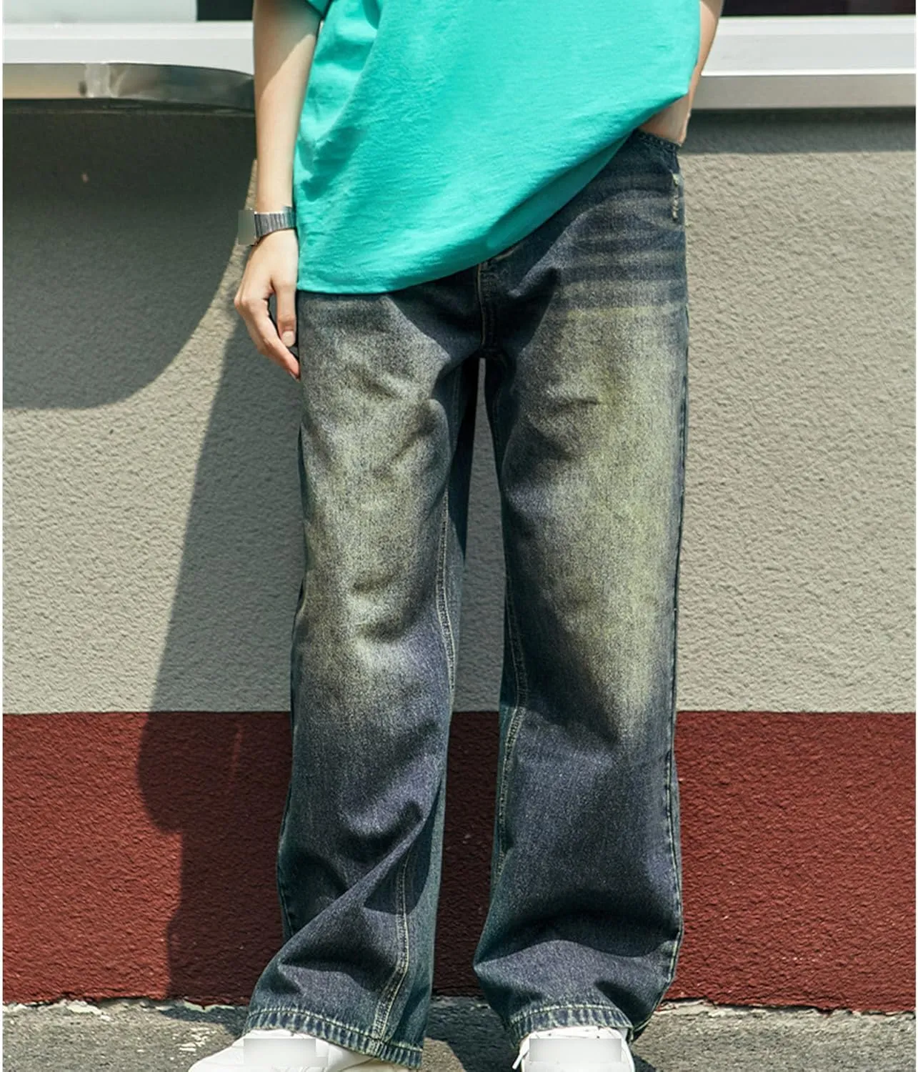 Mens Loose Fit Hip Hop Jeans Straight Retro Relaxed Fit Denim Pants Classic Vintage Plain Washed Baggy Jean