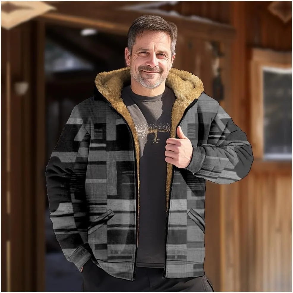 Mens Vintage Fleece Jacket Sherpa Lined Winter Coats Fall Winter Puffer Jacket Windproof Casual Hoodies with Pocket