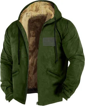 Men's Winter Jacket Fleece Sherpa Lined Sweatshirt Tops Printed Hoodies Hooded Outerwear Zipper Work Cargo Coats