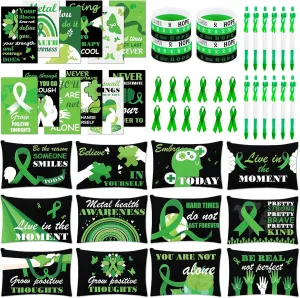 Mental Health Awareness Gift Sets Green Ribbons Safety Pins Makeup Bag Silicone Bracelets Pens Notebook Mental Health Awareness Accessories Items for Men Women Teens Green Ribbon Party Supplies