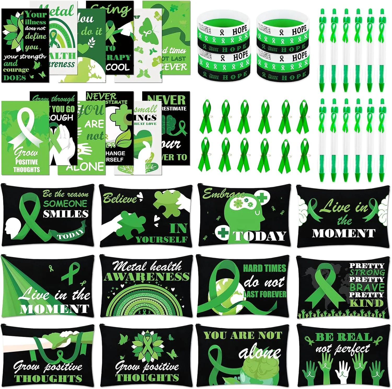 Mental Health Awareness Gift Sets Green Ribbons Safety Pins Makeup Bag Silicone Bracelets Pens Notebook Mental Health Awareness Accessories Items for Men Women Teens Green Ribbon Party Supplies