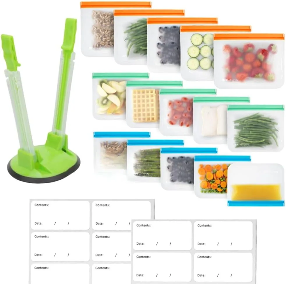 MHSEcoFriendly® Meal Prep Storage Kit - 15 Reusable Freezer Bags, Baggy Rack, & 20 Strong Freezer Labels | BPA-Free, Leakproof, & Multipurpose Food Storage