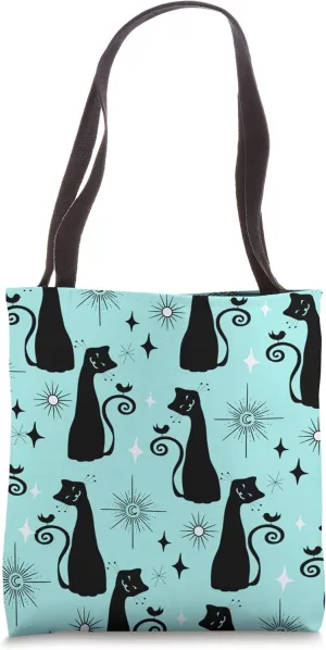 Midcentury Mid Century Cat Retro Atomic Age Space Teal Black Tote Bag