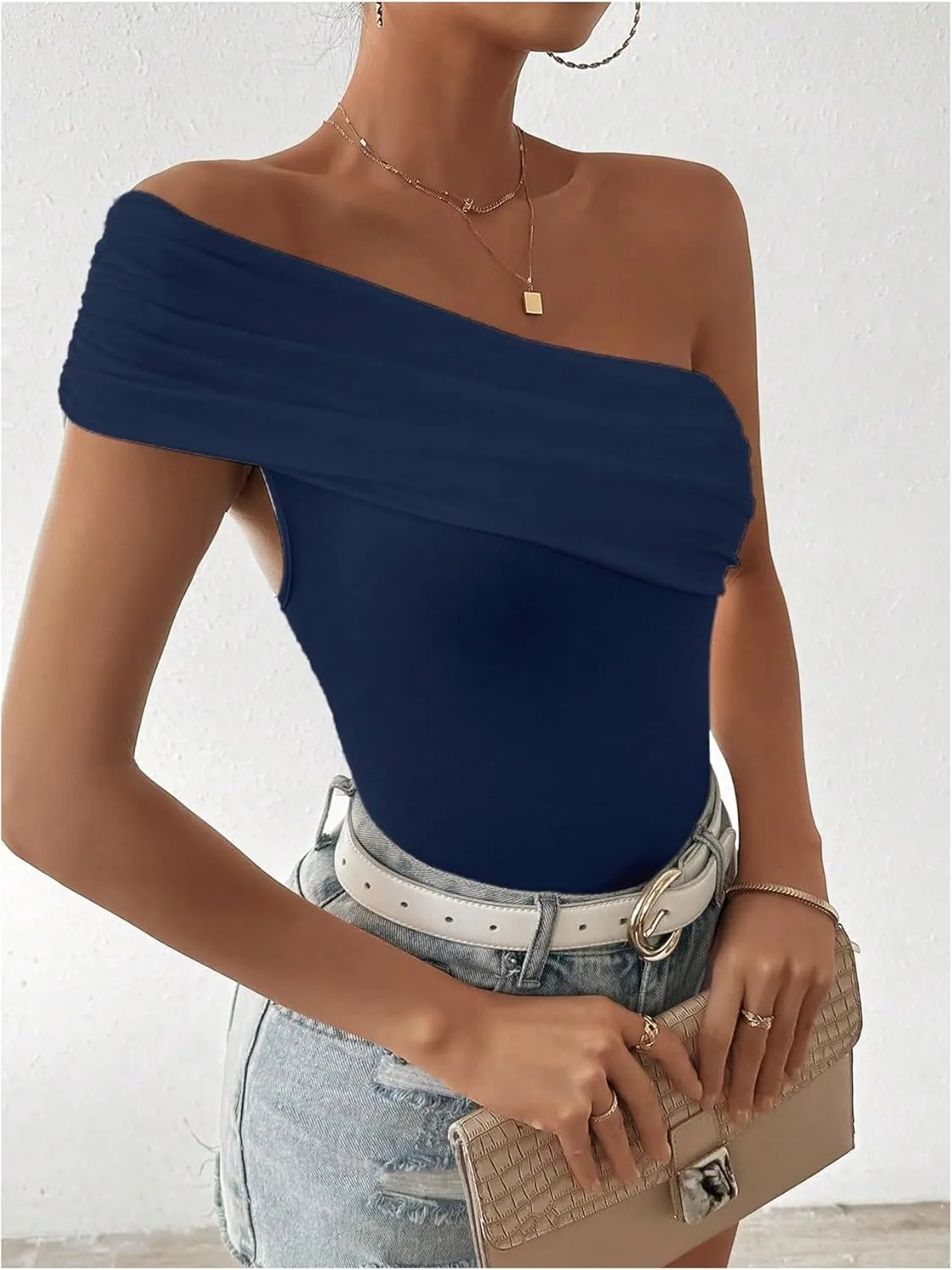 Milumia Women's Ruched One Shoulder Tank Top Asymmetrical Neck Short Sleeve Tee Tops