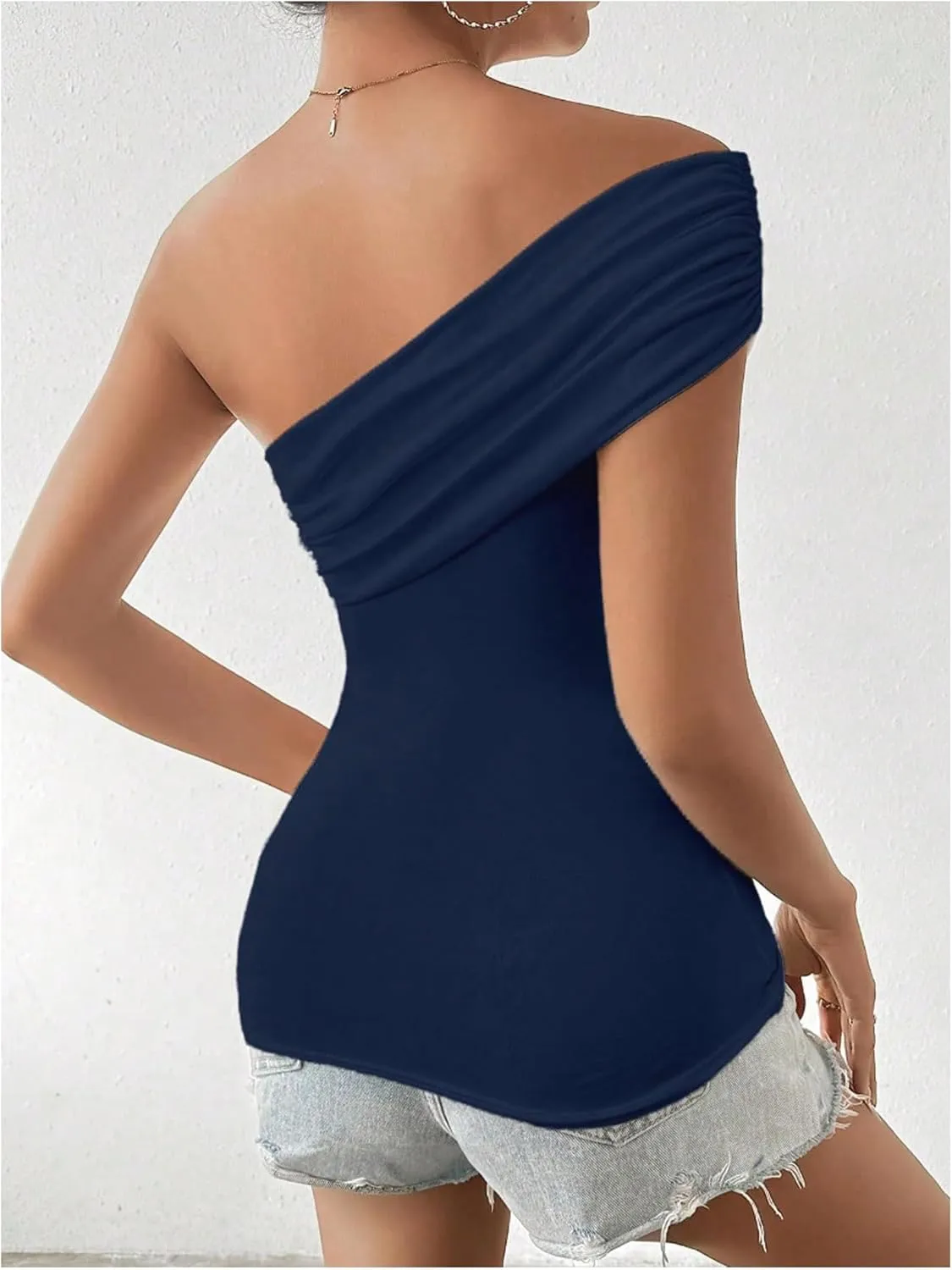 Milumia Women's Ruched One Shoulder Tank Top Asymmetrical Neck Short Sleeve Tee Tops
