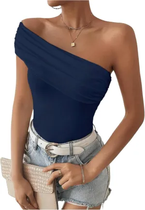 Milumia Women's Ruched One Shoulder Tank Top Asymmetrical Neck Short Sleeve Tee Tops