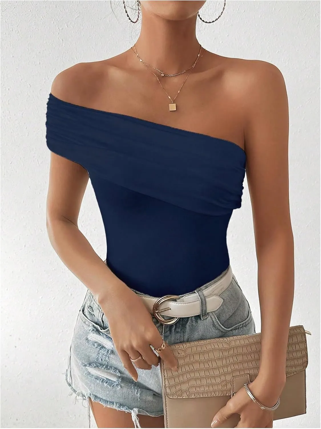 Milumia Women's Ruched One Shoulder Tank Top Asymmetrical Neck Short Sleeve Tee Tops