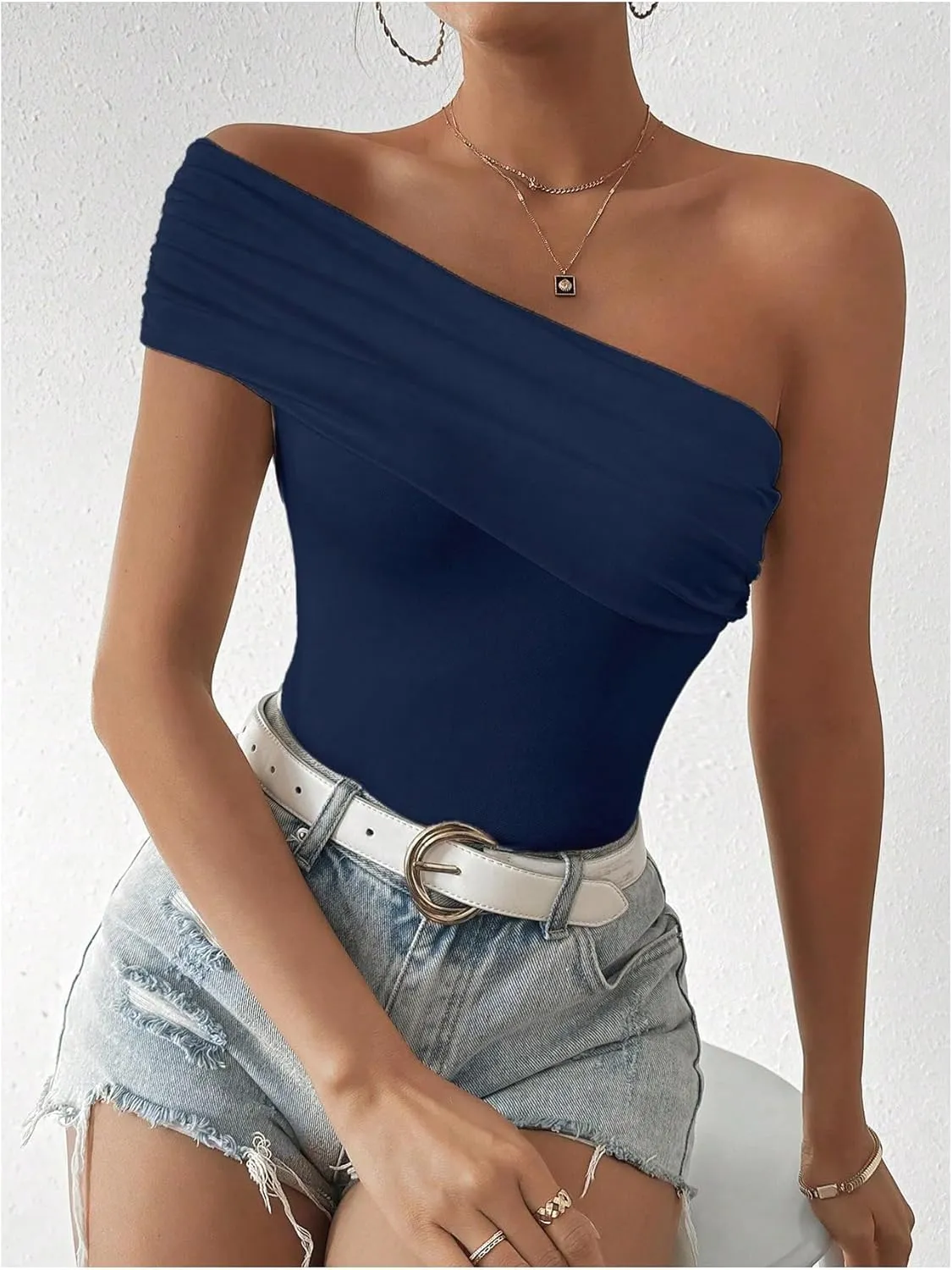 Milumia Women's Ruched One Shoulder Tank Top Asymmetrical Neck Short Sleeve Tee Tops
