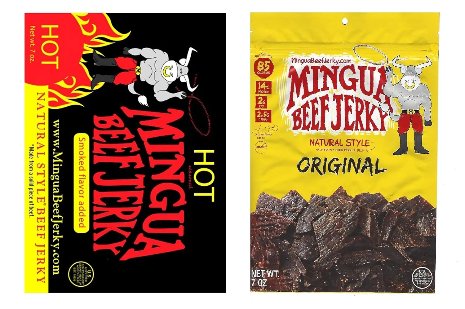 Mingua Beef Jerky - Three 7oz Bags - 2 Mild   1 Hot