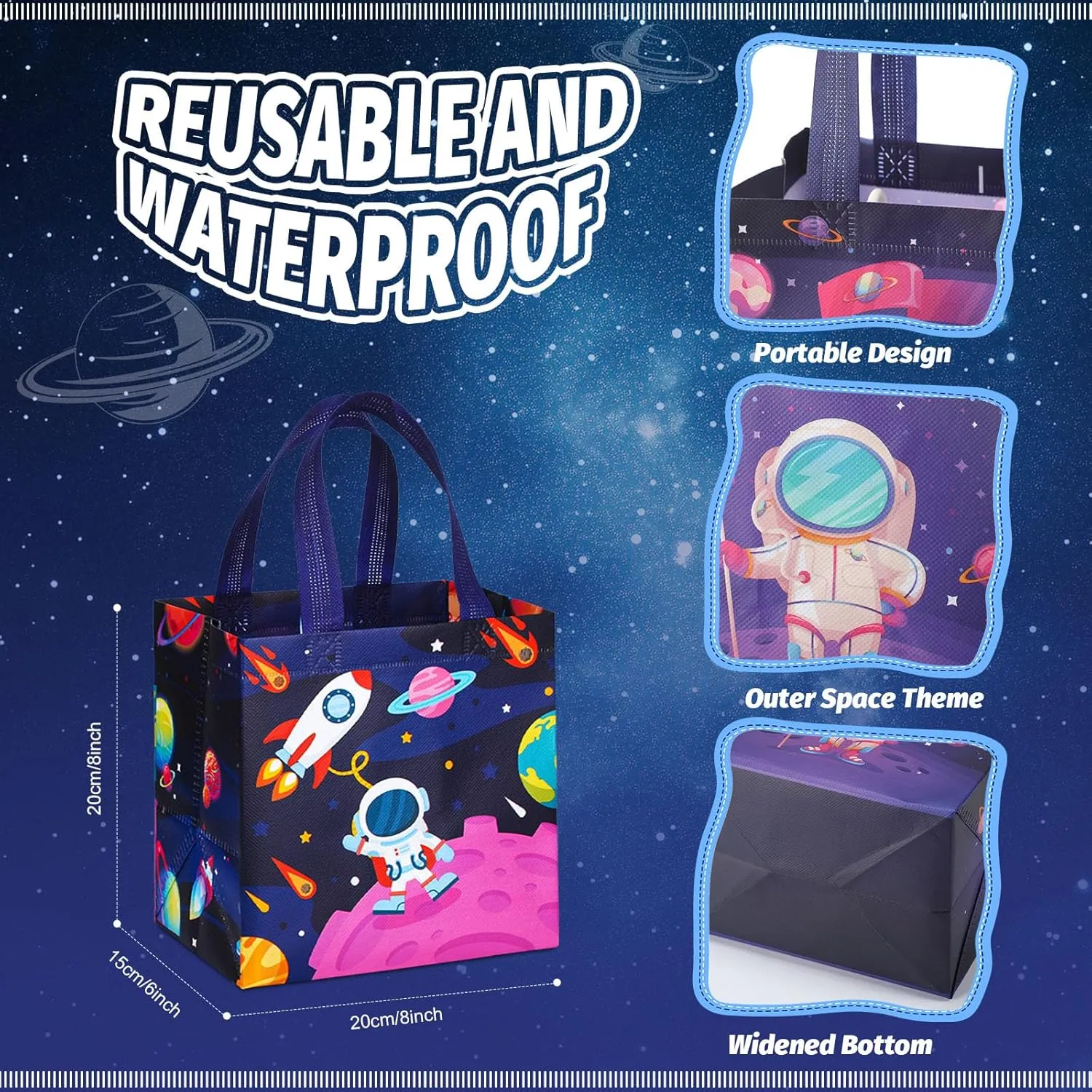 MiniInflat 24 Pcs Space Party Favor Bags Outer Space Non Woven Astronaut Gift Treat Bags with 24 Pcs Space Slap Bracelets, Reusable Galaxy Goodie Candy Bag with Handles for Space Party Supplies