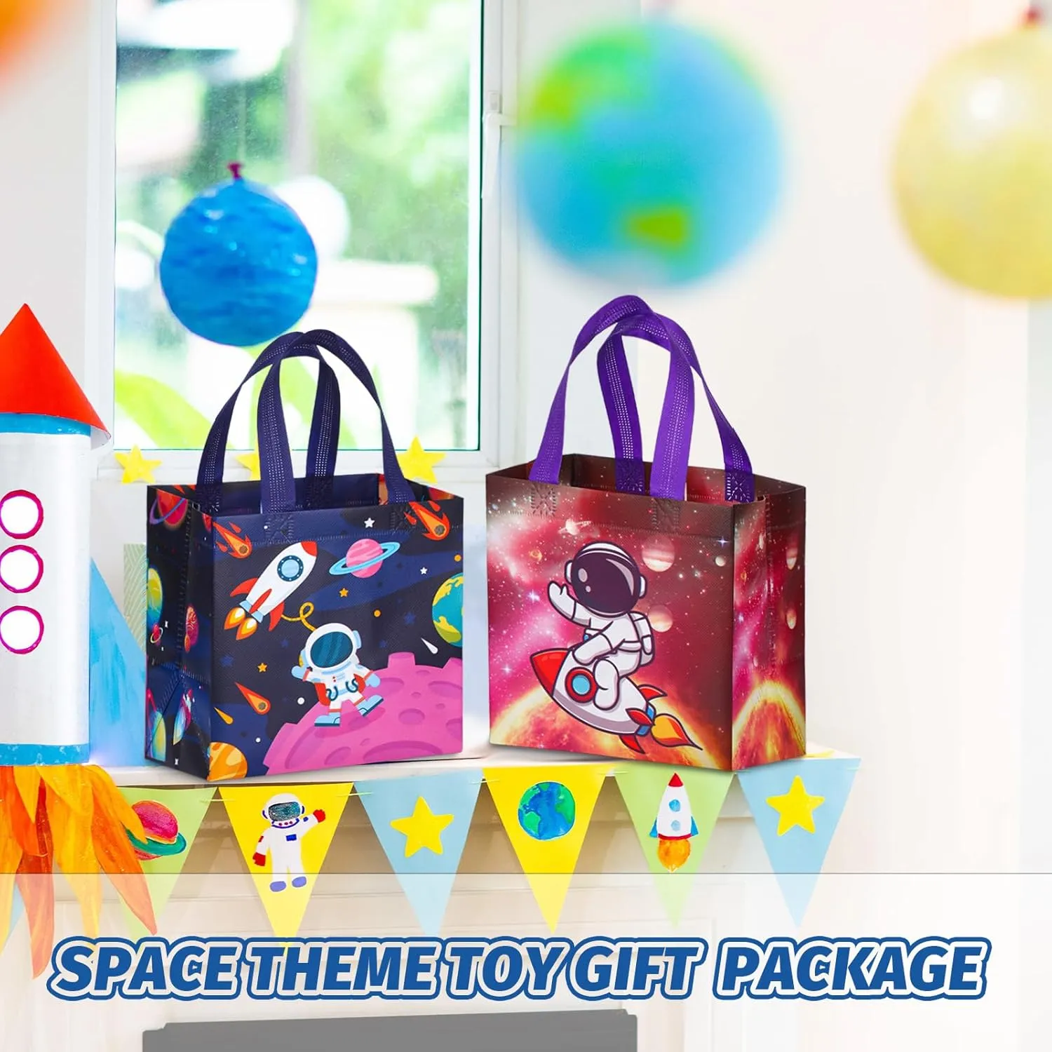 MiniInflat 24 Pcs Space Party Favor Bags Outer Space Non Woven Astronaut Gift Treat Bags with 24 Pcs Space Slap Bracelets, Reusable Galaxy Goodie Candy Bag with Handles for Space Party Supplies