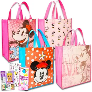 Minnie Mouse Tote Bag for Women, Adults | Minnie Mouse Reusable Tote Bag Bundle Includes 4 Minnie Mouse Tote Bags, Create-A-Face Sticker Book, More | Minnie Mouse Reusable Bags