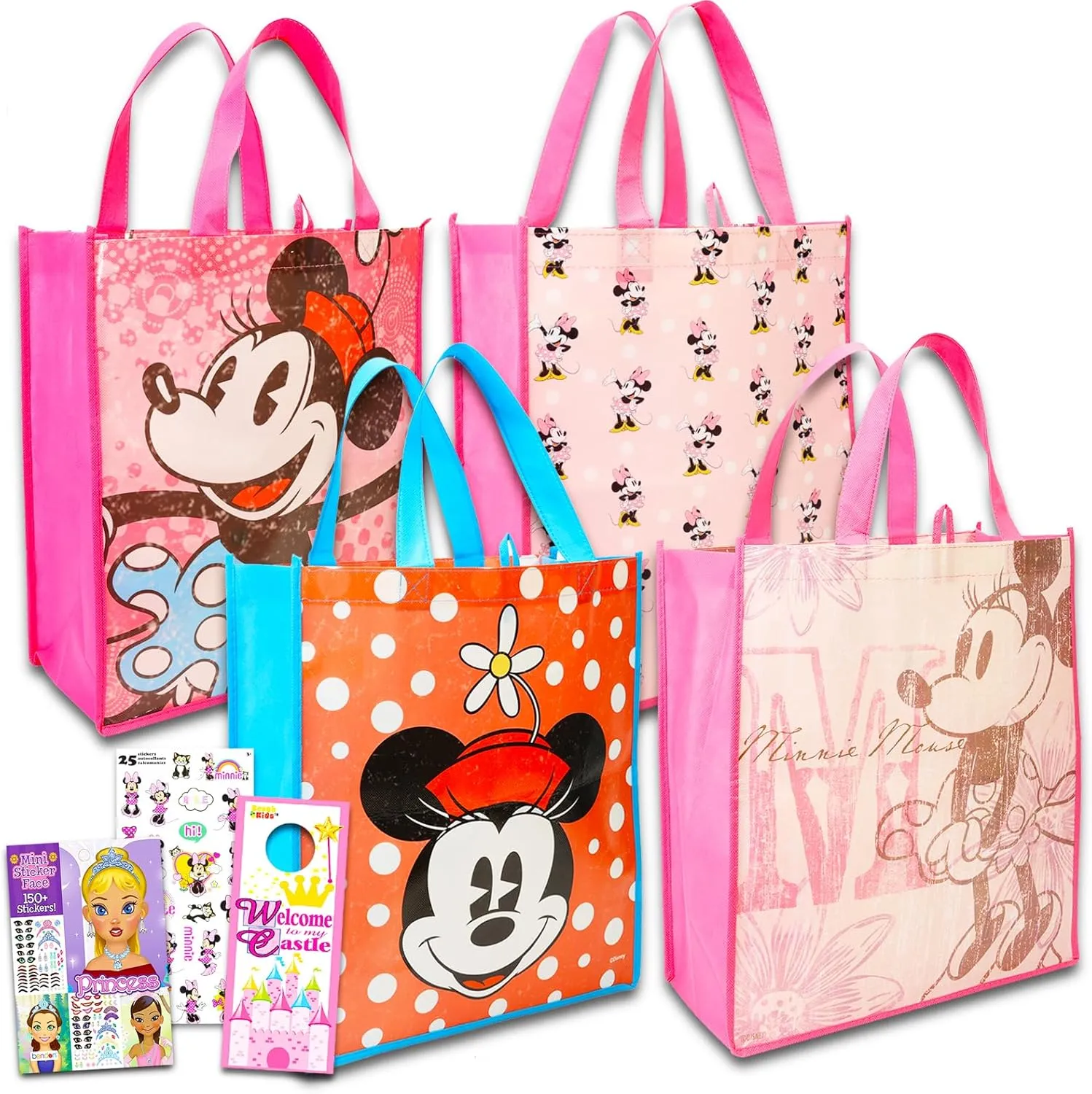 Minnie Mouse Tote Bag for Women, Adults | Minnie Mouse Reusable Tote Bag Bundle Includes 4 Minnie Mouse Tote Bags, Create-A-Face Sticker Book, More | Minnie Mouse Reusable Bags