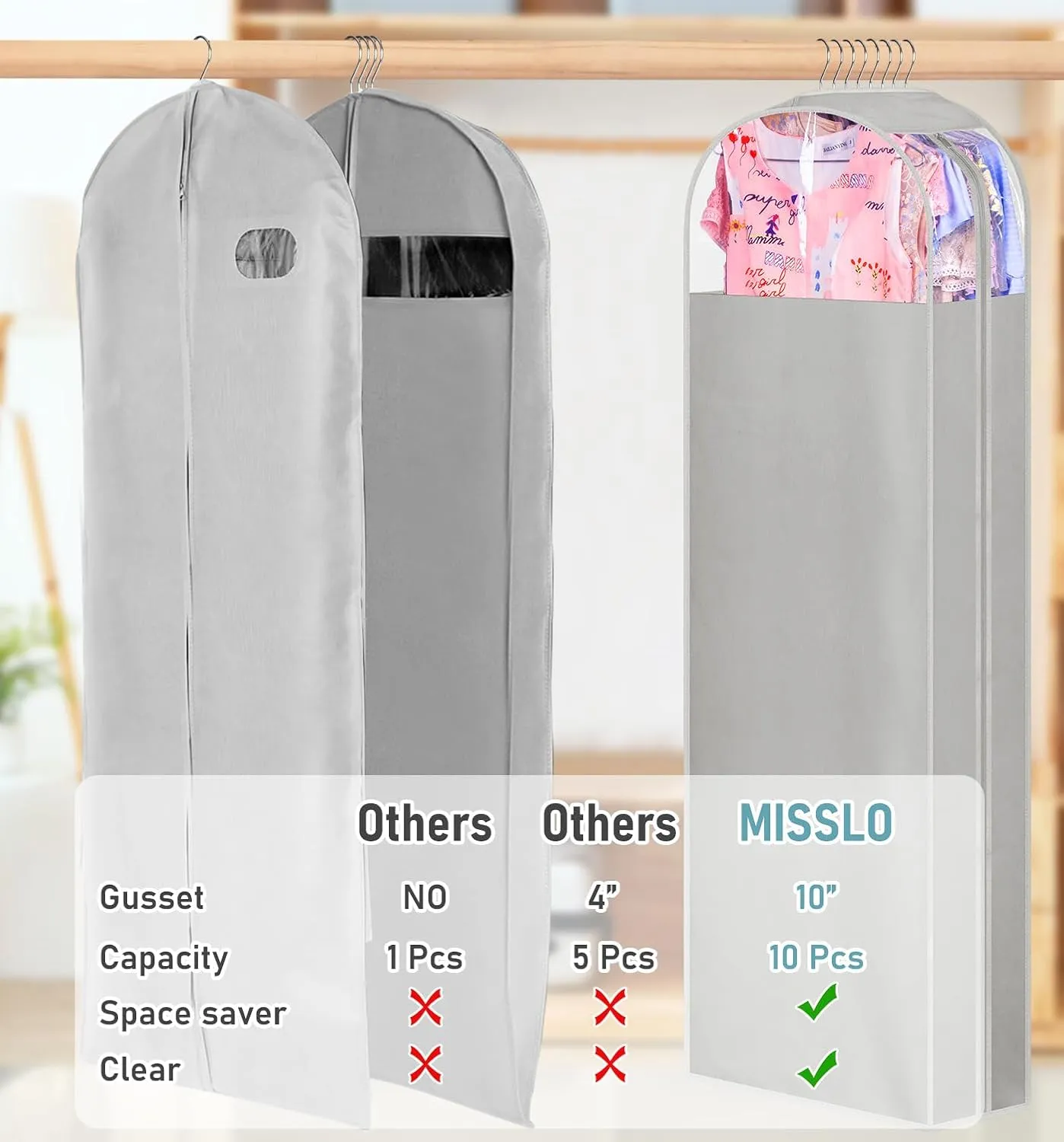 MISSLO 10" Gusseted Garment Bags for Hanging Clothes Storage 60" Dress Bags for Gowns Long Breathable Dress Cover for Closet Storage Coat Protector, 3 Packs, Grey