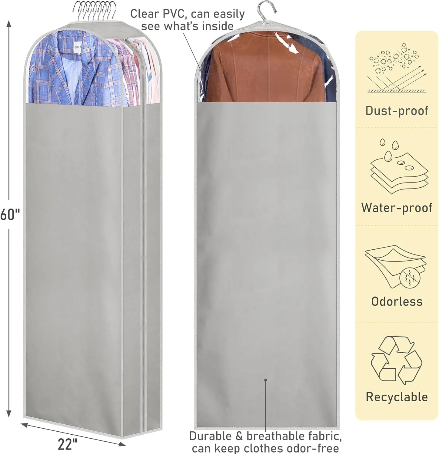 MISSLO 10" Gusseted Garment Bags for Hanging Clothes Storage 60" Dress Bags for Gowns Long Breathable Dress Cover for Closet Storage Coat Protector, 3 Packs, Grey