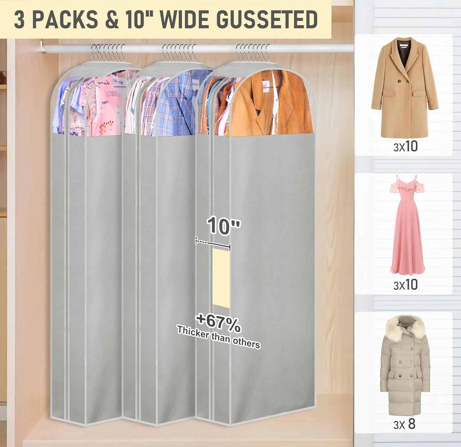 MISSLO 10" Gusseted Garment Bags for Hanging Clothes Storage 60" Dress Bags for Gowns Long Breathable Dress Cover for Closet Storage Coat Protector, 3 Packs, Grey