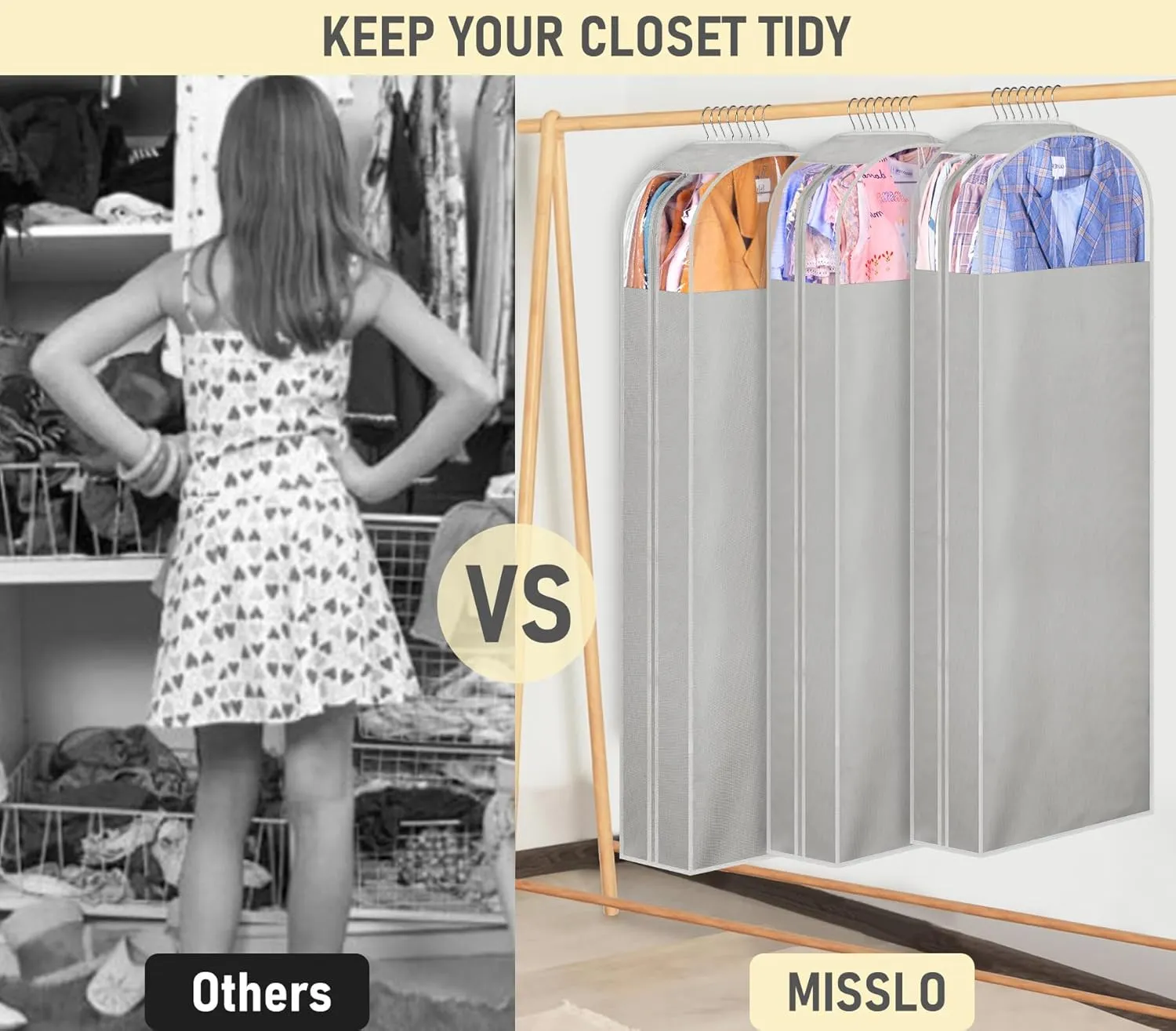 MISSLO 10" Gusseted Garment Bags for Hanging Clothes Storage 60" Dress Bags for Gowns Long Breathable Dress Cover for Closet Storage Coat Protector, 3 Packs, Grey