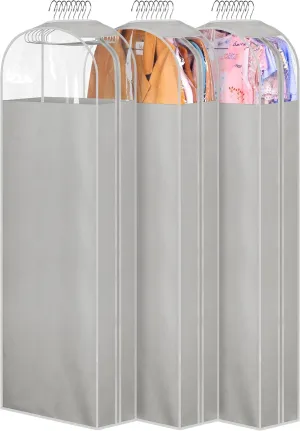 MISSLO 10" Gusseted Garment Bags for Hanging Clothes Storage 60" Dress Bags for Gowns Long Breathable Dress Cover for Closet Storage Coat Protector, 3 Packs, Grey