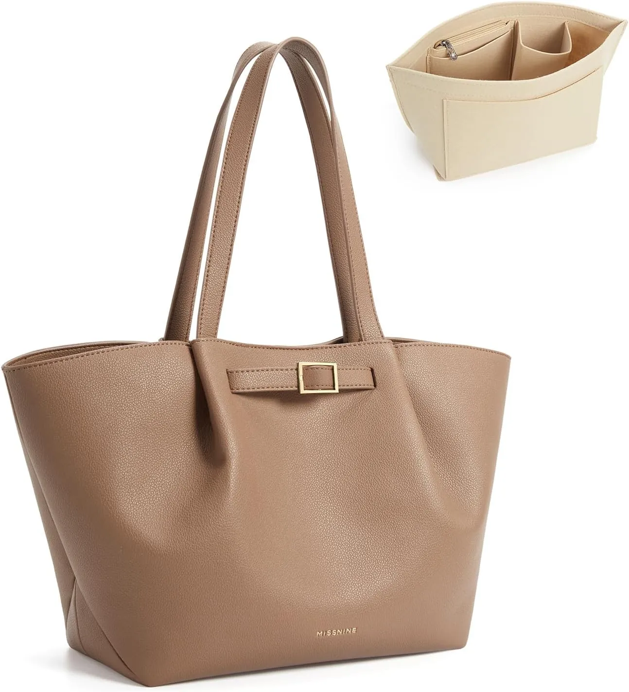 Missnine Large Work Tote Bag for Women with Felt Organizer Insert, Designer Handbags Pu Leather Weekender Bag for Travel
