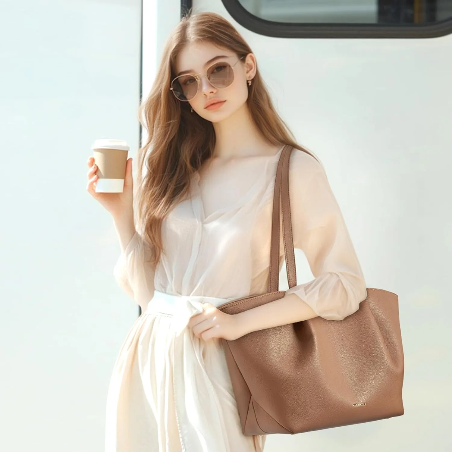 Missnine Large Work Tote Bag for Women with Felt Organizer Insert, Designer Handbags Pu Leather Weekender Bag for Travel