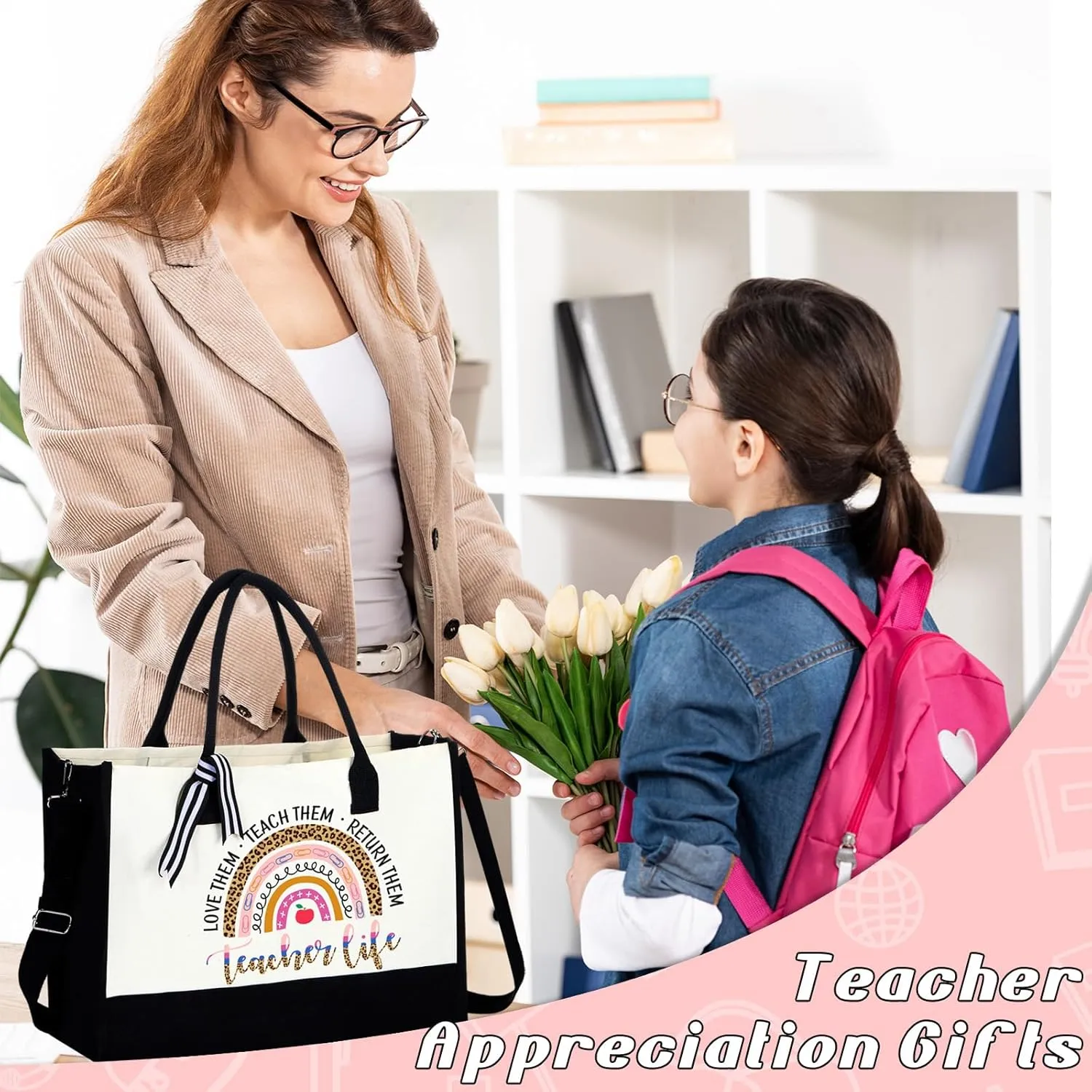 Mixweer 4 Pcs Teacher Appreciation Gifts Bags Teacher Canvas Tote Bags for Women Christmas School Supply(Sweet Rainbow)
