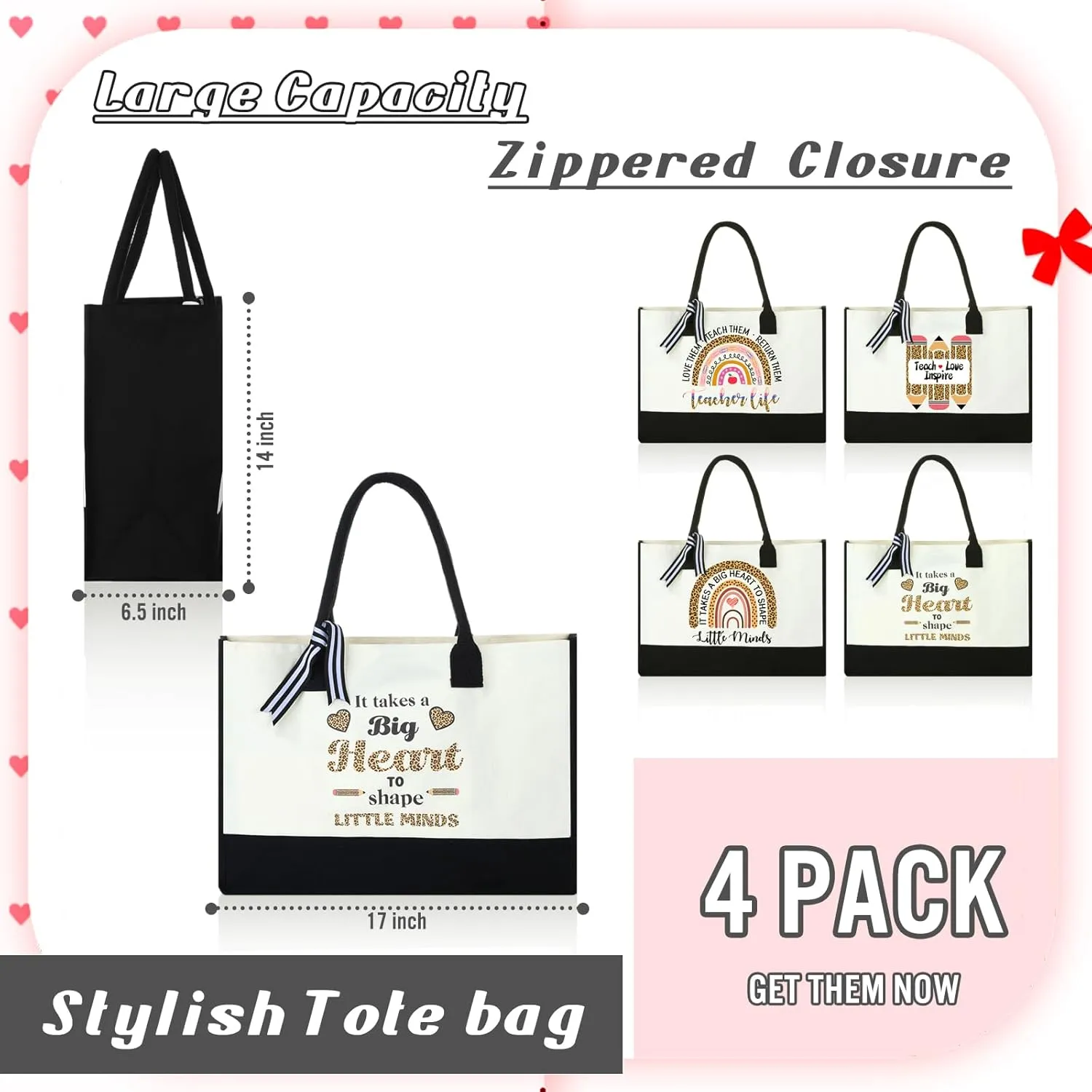 Mixweer 4 Pcs Teacher Appreciation Gifts Bags Teacher Canvas Tote Bags for Women Christmas School Supply(Sweet Rainbow)