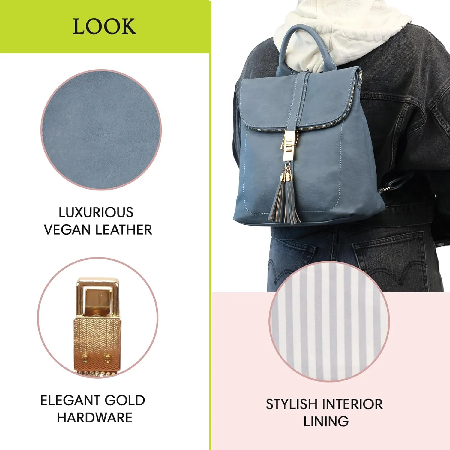 Miztique Diana Backpack Purse | Soft Vegan Leather Flap Over Tote Bag | 11L x 5.25W x 12H (Blue)