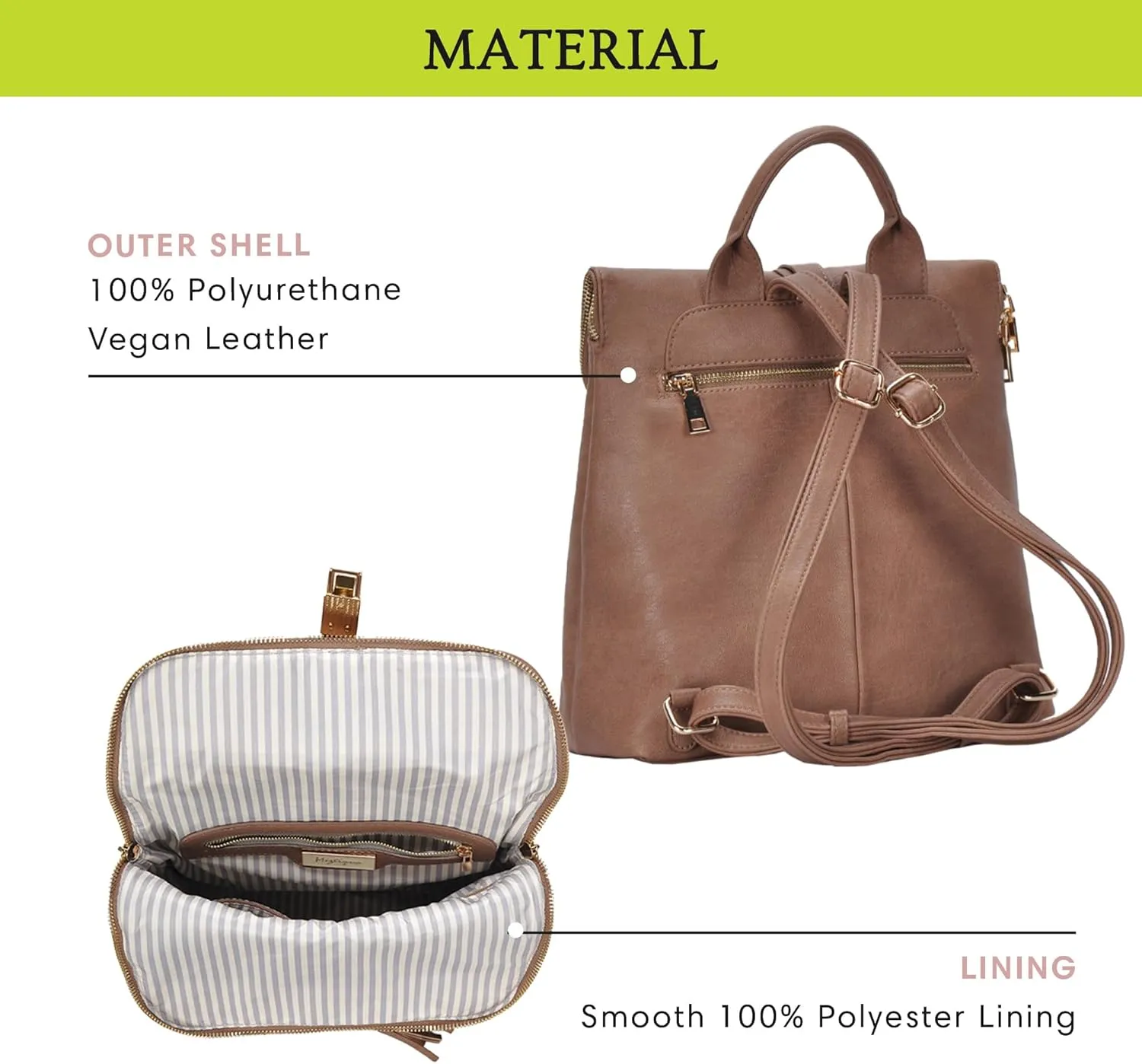 Miztique Diana Backpack Purse | Soft Vegan Leather Flap Over Tote Bag | 11L x 5.25W x 12H (Taupe)