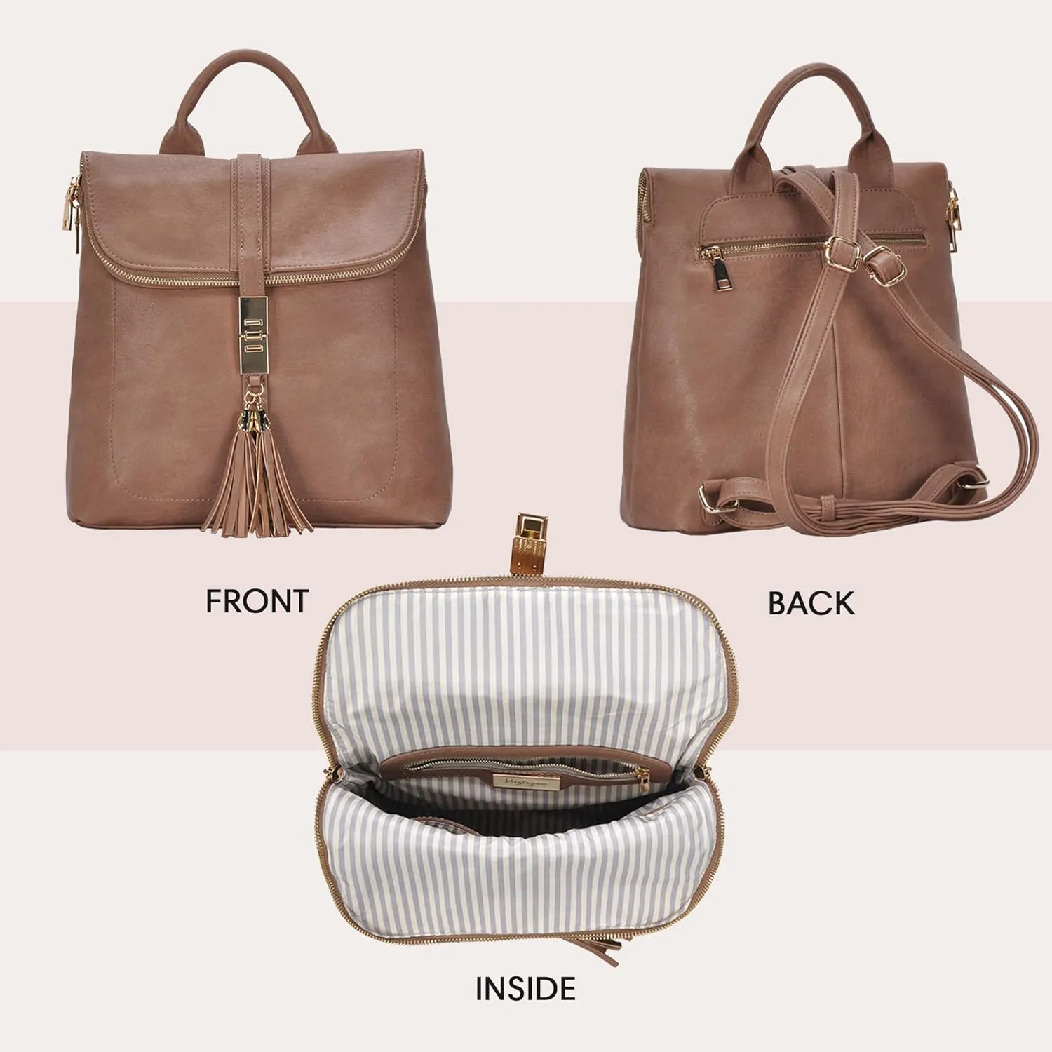 Miztique Diana Backpack Purse | Soft Vegan Leather Flap Over Tote Bag | 11L x 5.25W x 12H (Taupe)