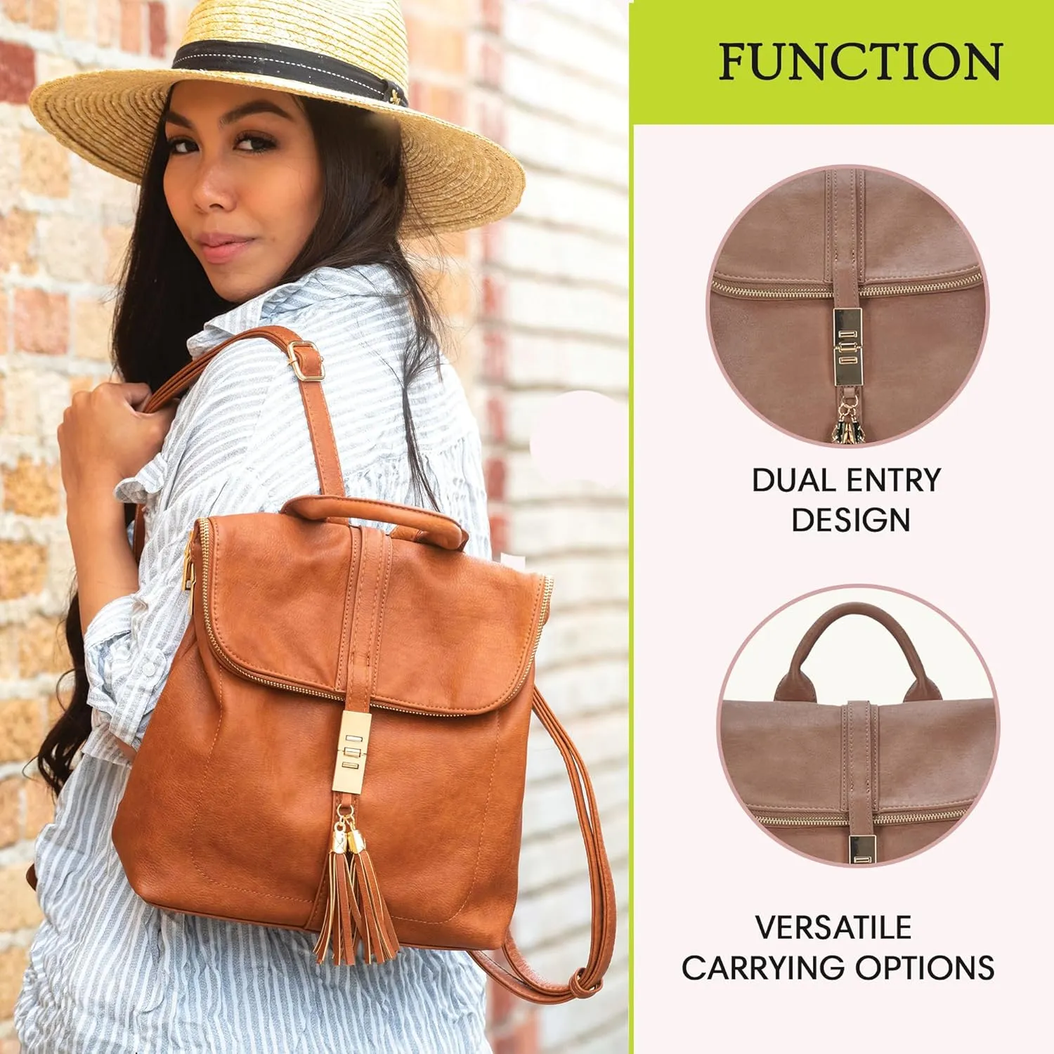 Miztique Diana Backpack Purse | Soft Vegan Leather Flap Over Tote Bag | 11L x 5.25W x 12H (Taupe)