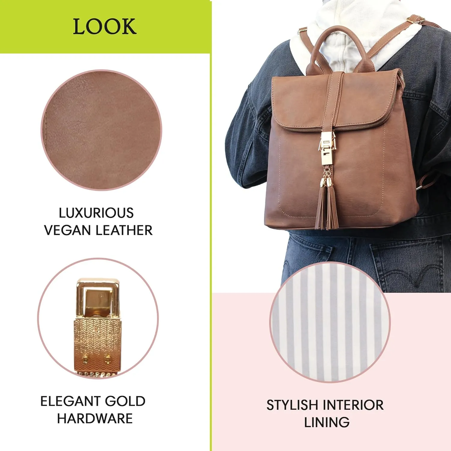 Miztique Diana Backpack Purse | Soft Vegan Leather Flap Over Tote Bag | 11L x 5.25W x 12H (Taupe)