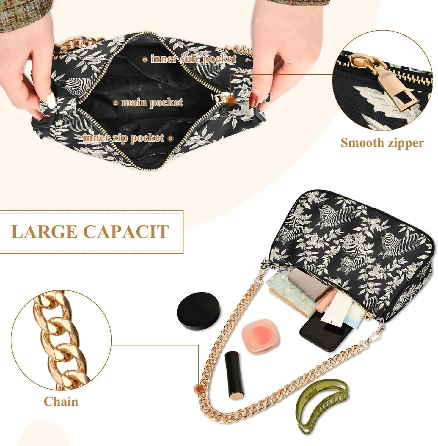 MNSRUU Handbag Purses for Women Zebra Chain Shoulder Bag