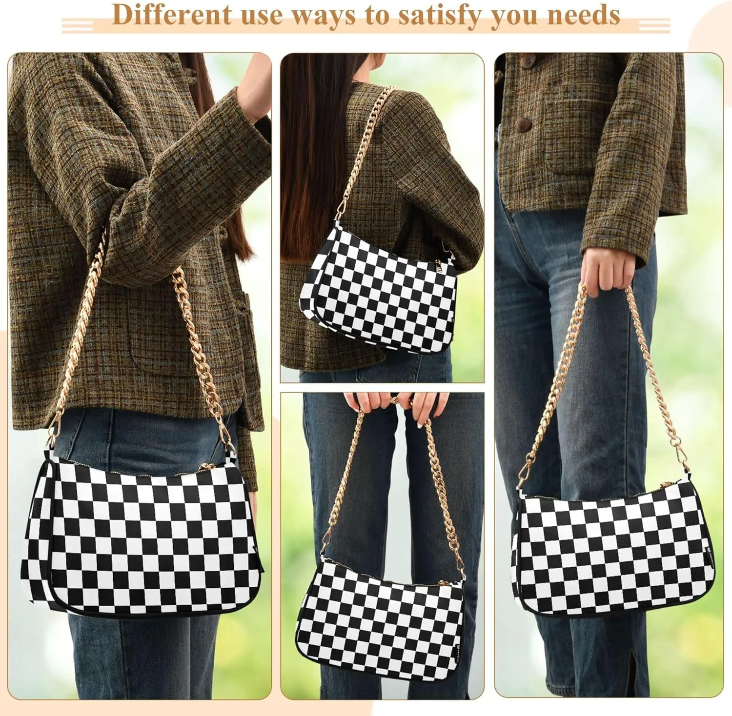 MNSRUU Handbag Purses Women Black Checkered Chain bag